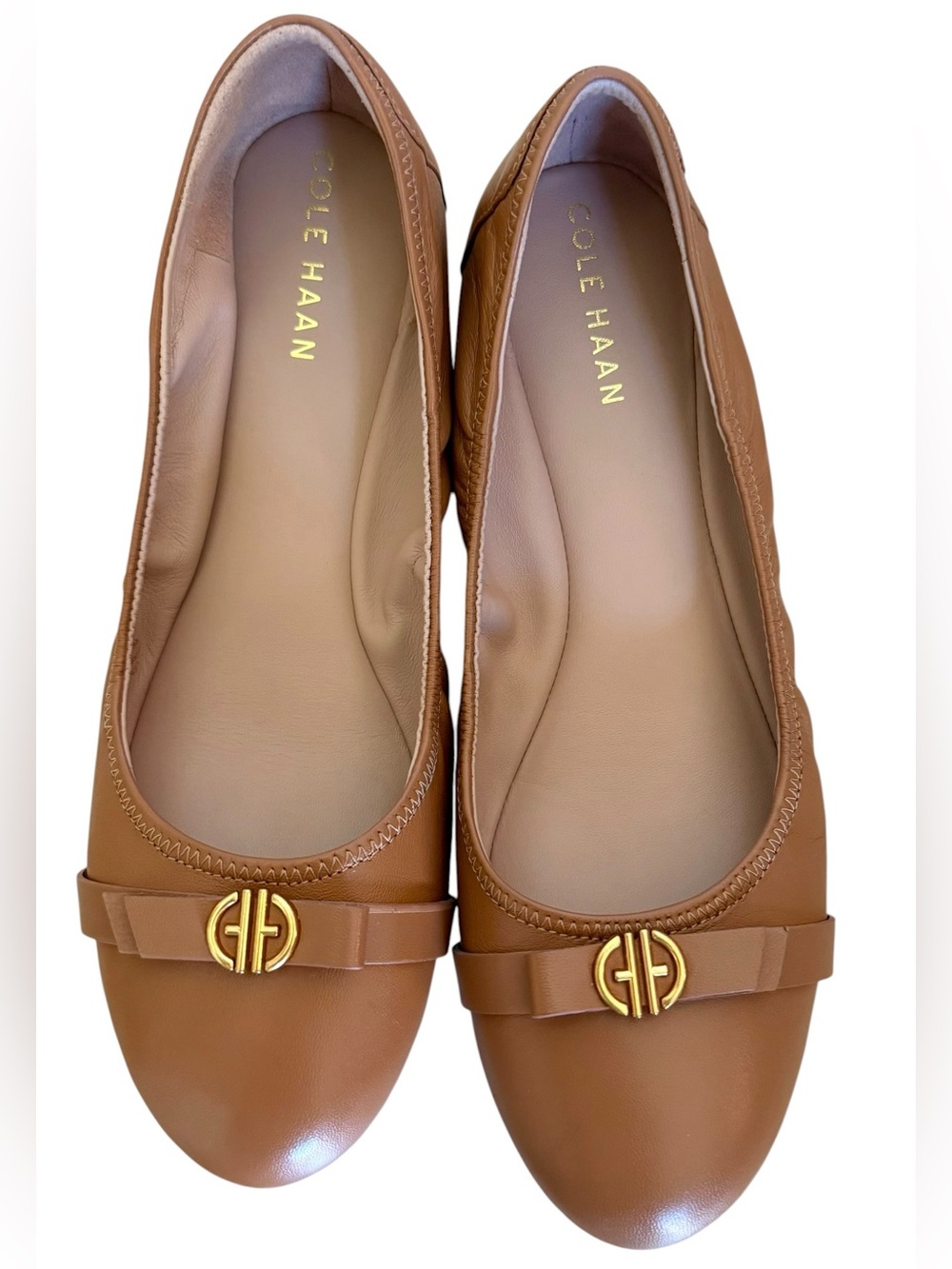 Cole Haan Grand OS Camel Leather Ballet Flats Comfort Gold Logo Size 9 Chic